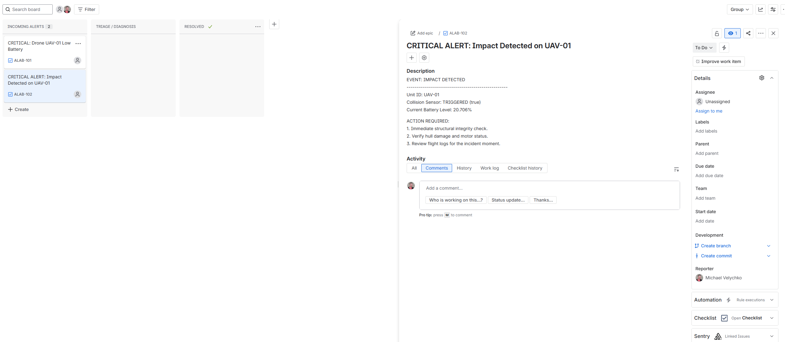 Drone telemetry screenshot
